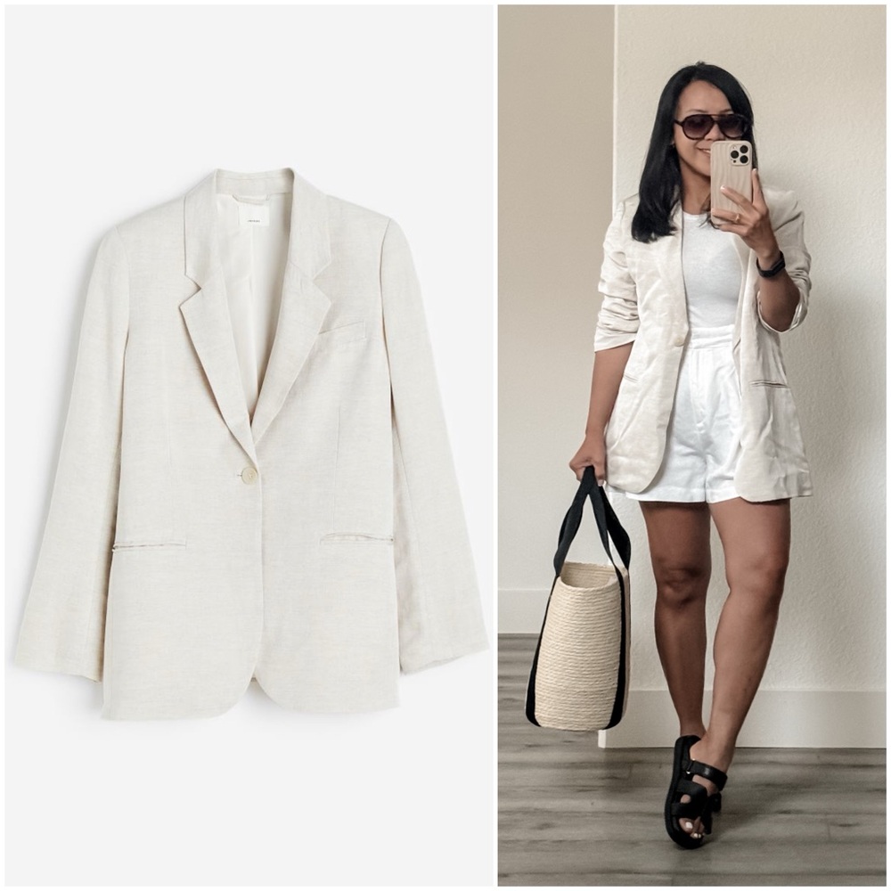 Natural White Single Breasted Linen Blend Jacket